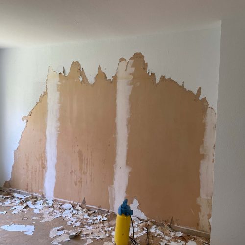 Ferienhaus Kellerwald Zimmer mit teilweise abgeblätterter Wandfarbe und Renovierungsabfällen auf dem Boden Ferienhaus Edersee