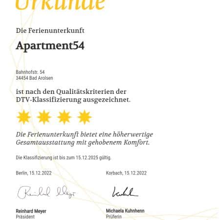 DTV Urkunde Apartment 54, 4 Sterne