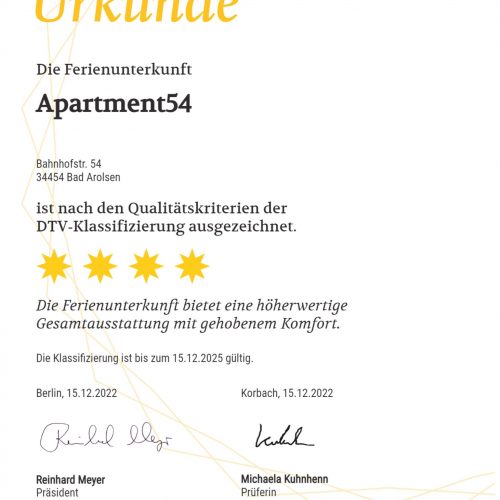 Ferienhaus Kellerwald Urkunde für die Ferienunterkunft Apartment54 mit DTV-Klassifizierung Ferienhaus Edersee, Sterneregen