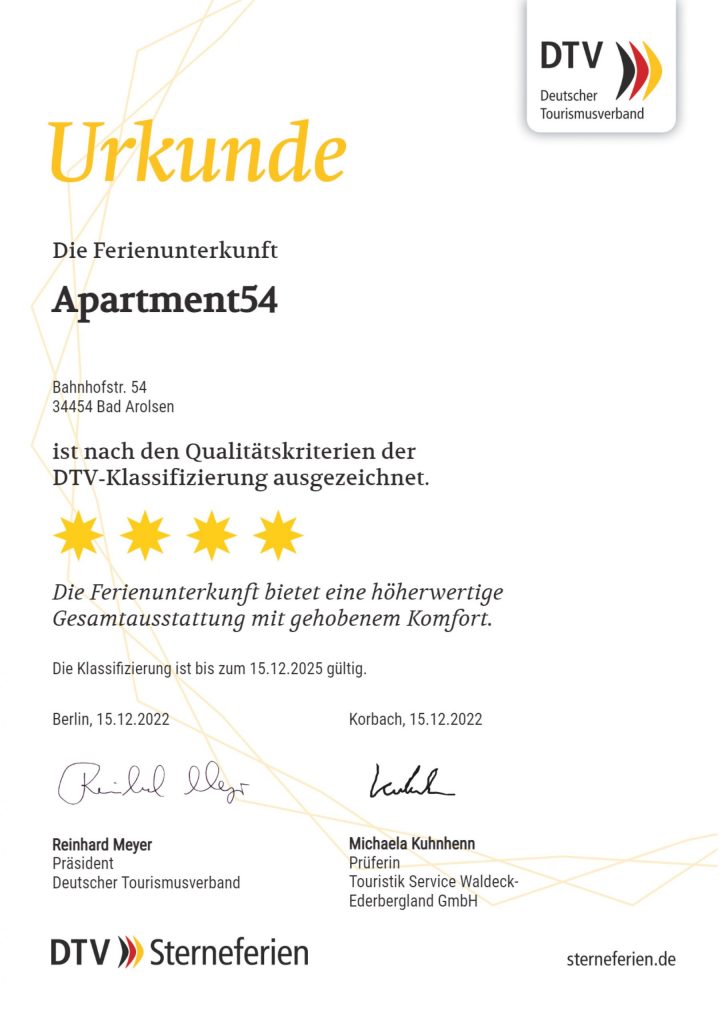 Ferienhaus Kellerwald Urkunde für die Ferienunterkunft Apartment54 mit DTV-Klassifizierung Ferienhaus Edersee, Sterneregen