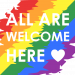 Ferienhaus Kellerwald Bunte Regenbogenflagge mit Text 'ALL ARE WELCOME HERE' für Inklusion und Vielfalt Ferienhaus Edersee, Zeichen für gelebte Vielfalt, ALL ARE WELCOME HERE