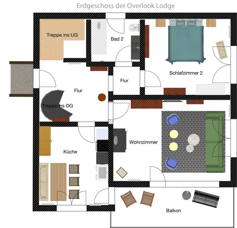 Ferienhaus Kellerwald Grundriss des Erdgeschosses der Overlook Lodge mit Wohnbereichen und Schlafzimmer Ferienhaus Edersee, Das Haus