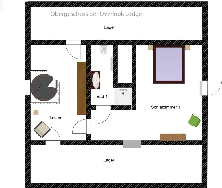 Ferienhaus Kellerwald Grundriss des Obergeschosses der Overlook Lodge mit Raumlayout Ferienhaus Edersee, Das Haus
