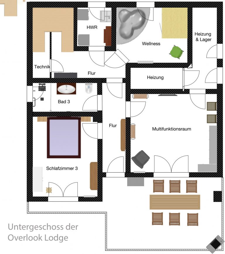 Vakantiehuis Kellerwald Plattegrond van het souterrain van de Overlook Lodge met wellnessruimte en multifunctionele ruimte Vakantiehuis Edersee, Het huis
