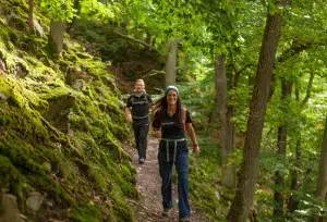 Ferienhaus Kellerwald Zwei Menschen wandern durch einen grünen, bewaldeten Pfad zwischen Bäumen und Moos Ferienhaus Edersee, Zertifizierung als „Qualitätsgastgeber – wanderbares deutschland“