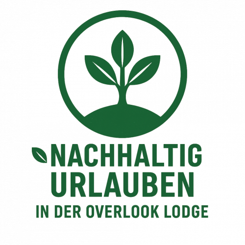 Logo ‘Duurzaam vakantie vieren’ van Overlook Lodge met bladeren en heuvel , vakantiehuis Edersee, vakantiehuis Kellerwald