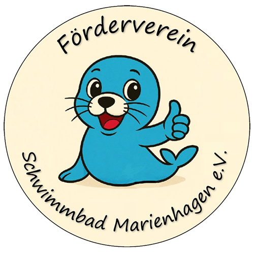 Ferienhaus Kellerwald Blaues Maskottchen mit Daumen hoch, Fördersymbol für Schwimmbad Marienhagen Ferienhaus Edersee, Schwimmbad Marienhagen