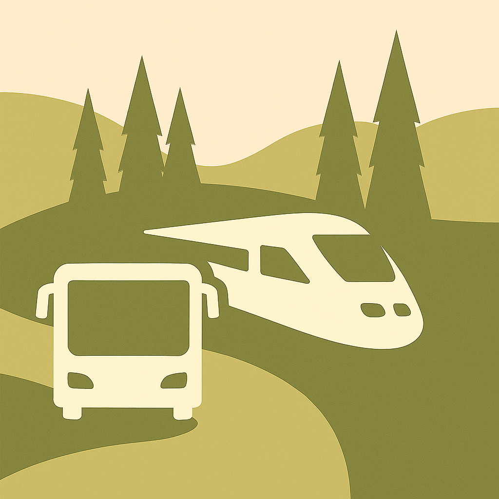 Bus und Hochgeschwindigkeitszug auf ländlicher Strecke mit Bäumen und Hügeln im Hintergrund , Ferienhaus Edersee, Ferienhaus Kellerwald