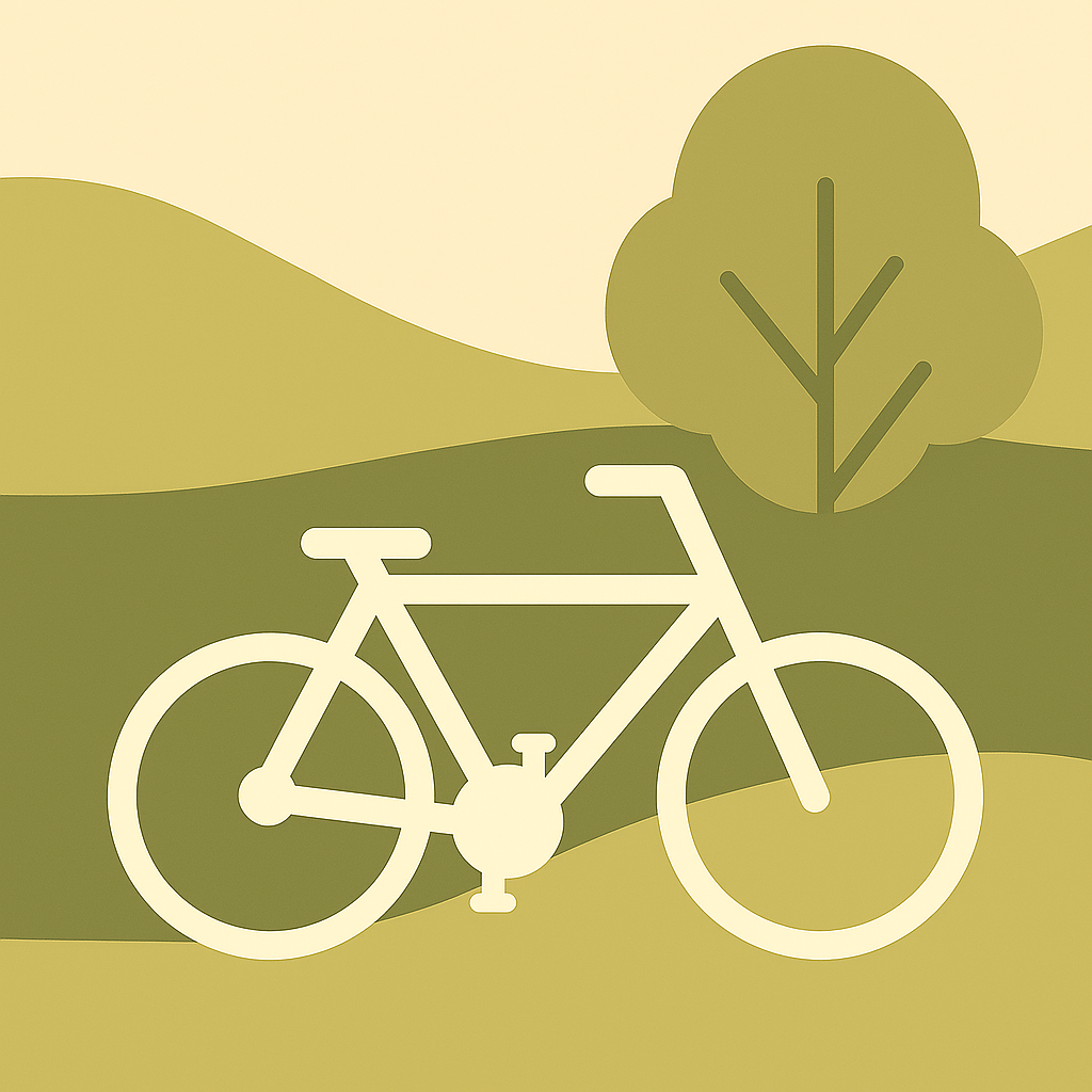 Illustration eines Fahrrad mit Hintergrund von Bäumen und Hügeln in Erdtönen , Ferienhaus Edersee, Ferienhaus Kellerwald