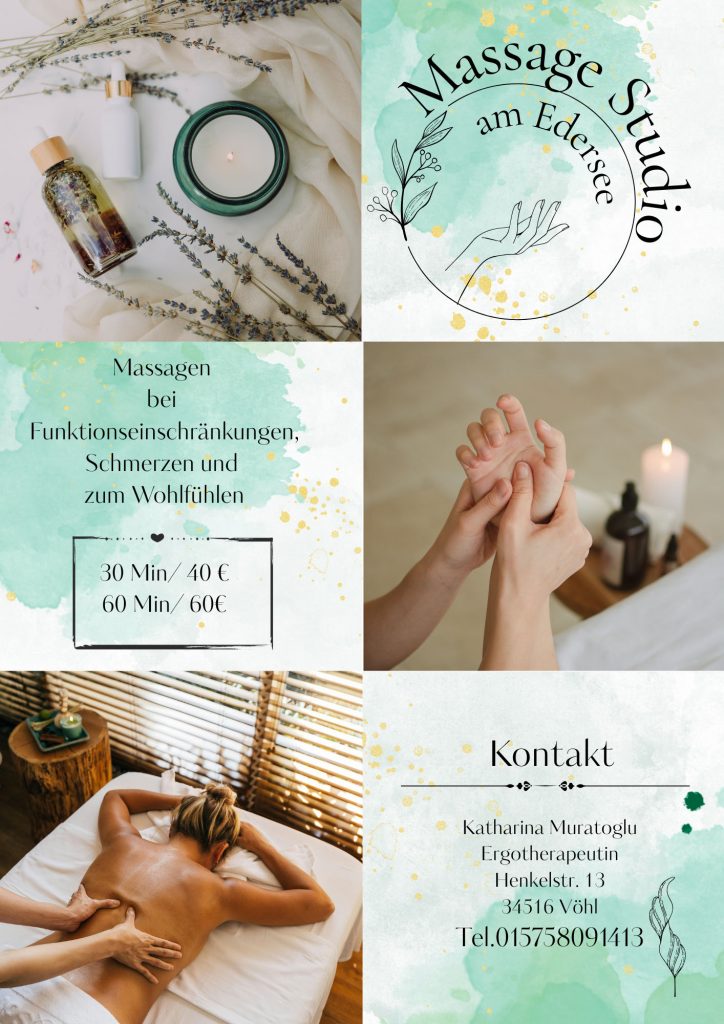 Massage Studio Werbung mit Preisen und Kontaktangaben, Entspannung und Wellness , Ferienhaus Edersee, Ferienhaus Kellerwald