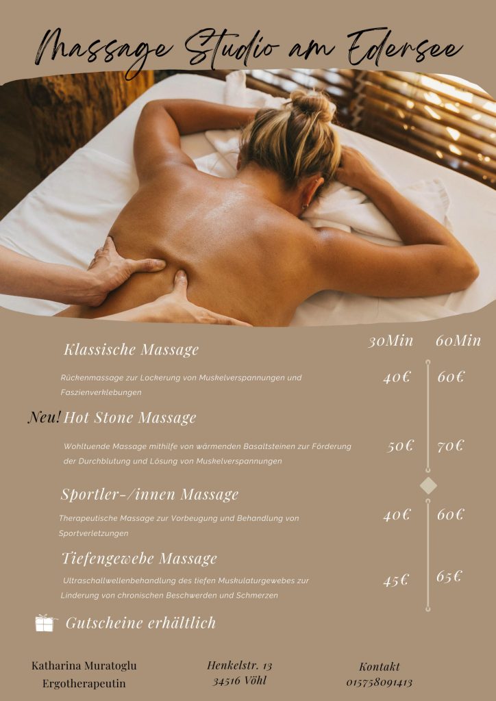 Massage offer at the massage studio at Lake Edersee, Lake Edersee vacation home, Kellerwald vacation home
