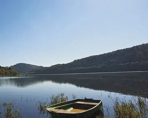 Roeiboot op een rustig meer met beboste heuvels op de achtergrond, vakantiehuis Edersee, vakantiehuis Kellerwald