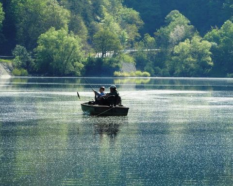 Vissers in een boot op een rustig meer, omgeven door bomen, vakantiehuis Edersee, vakantiehuis Kellerwald