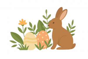 Rabbit with Easter eggs and flowers in a garden, vacation home Edersee, vacation home Kellerwald, Easter at Lake Edersee