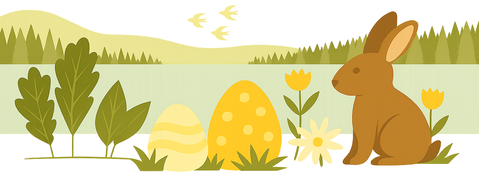 Osterhase und bunte Ostereier in Frühlingslandschaft , Ferienhaus Edersee, Ferienhaus Kellerwald, Ostern am Edersee