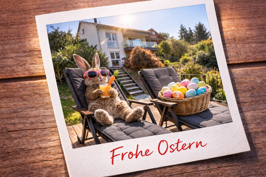Osterhase im Liegestuhl mit Sonnenbrille und Karotte , Ferienhaus Edersee, Ferienhaus Kellerwald