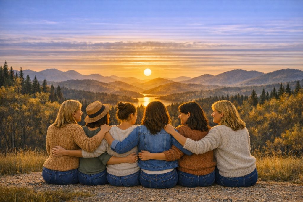 Sechs Frauen sitzen bei Sonnenuntergang in der Natur , Ferienhaus Edersee, Ferienhaus Kellerwald