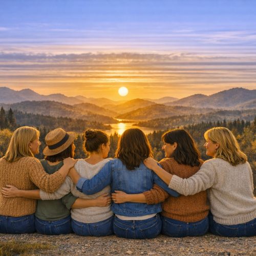 Six women sitting in nature at sunset, Lake Edersee vacation home, Kellerwald vacation home, girls' trip