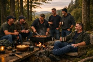 Männergruppe grillt im Wald am Lagerfeuer , Ferienhaus Edersee, Ferienhaus Kellerwald