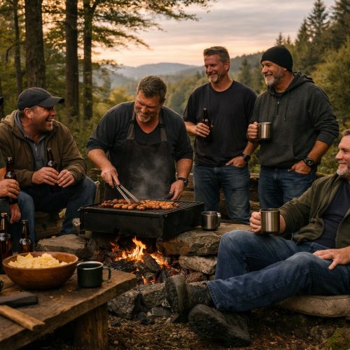 Mannengroep barbecuet in het bos bij het kampvuur, vakantiehuis Edersee, vakantiehuis Kellerwald