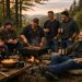 Group of men grilling at a campfire in the forest, Lake Edersee vacation home, Kellerwald vacation home