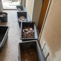 Ferienhaus Kellerwald Schwarze Behälter mit Bauabfällen in einem Raum während Renovierungsarbeiten Ferienhaus Edersee